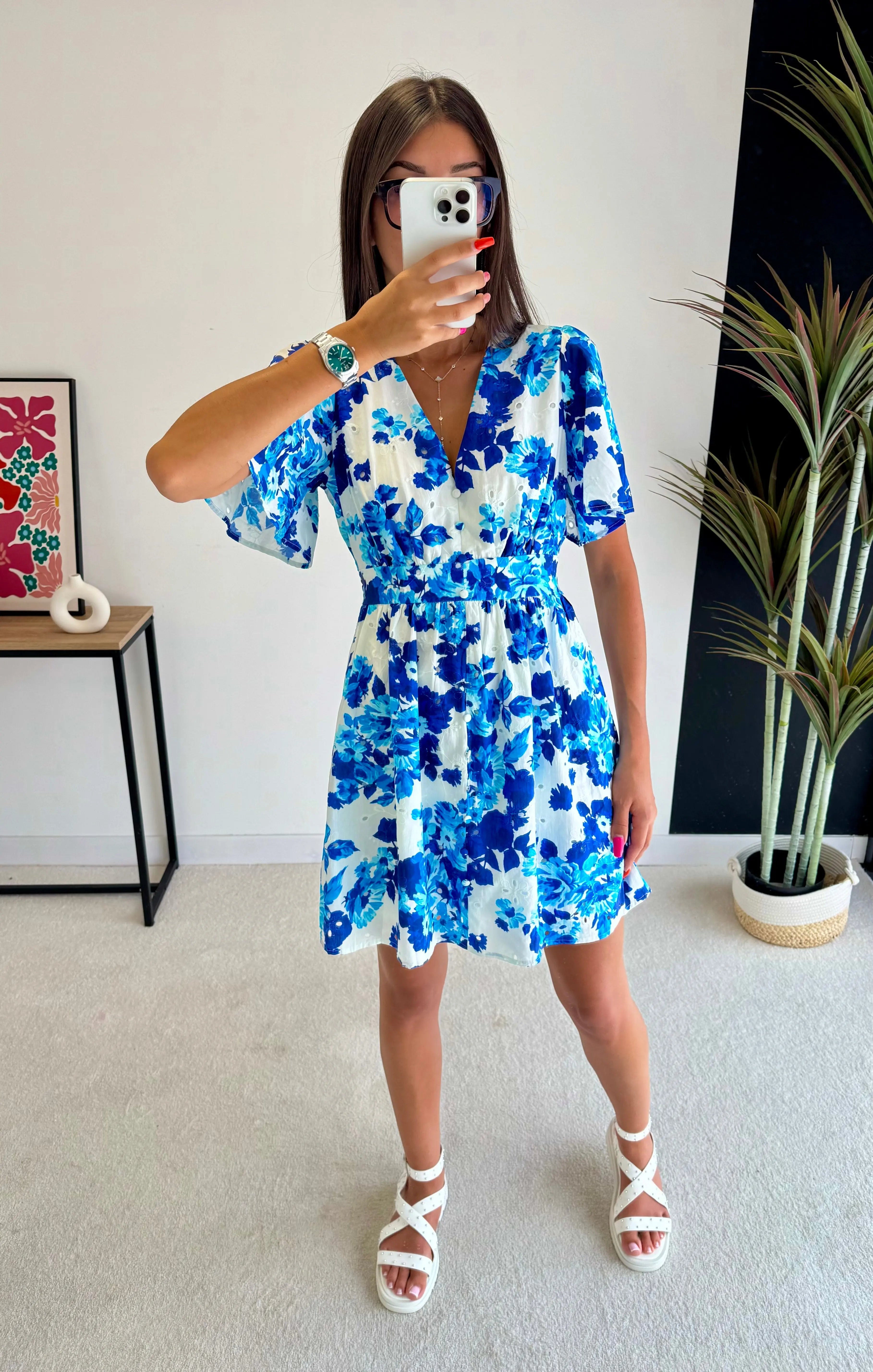 Robe courte brodé bleu