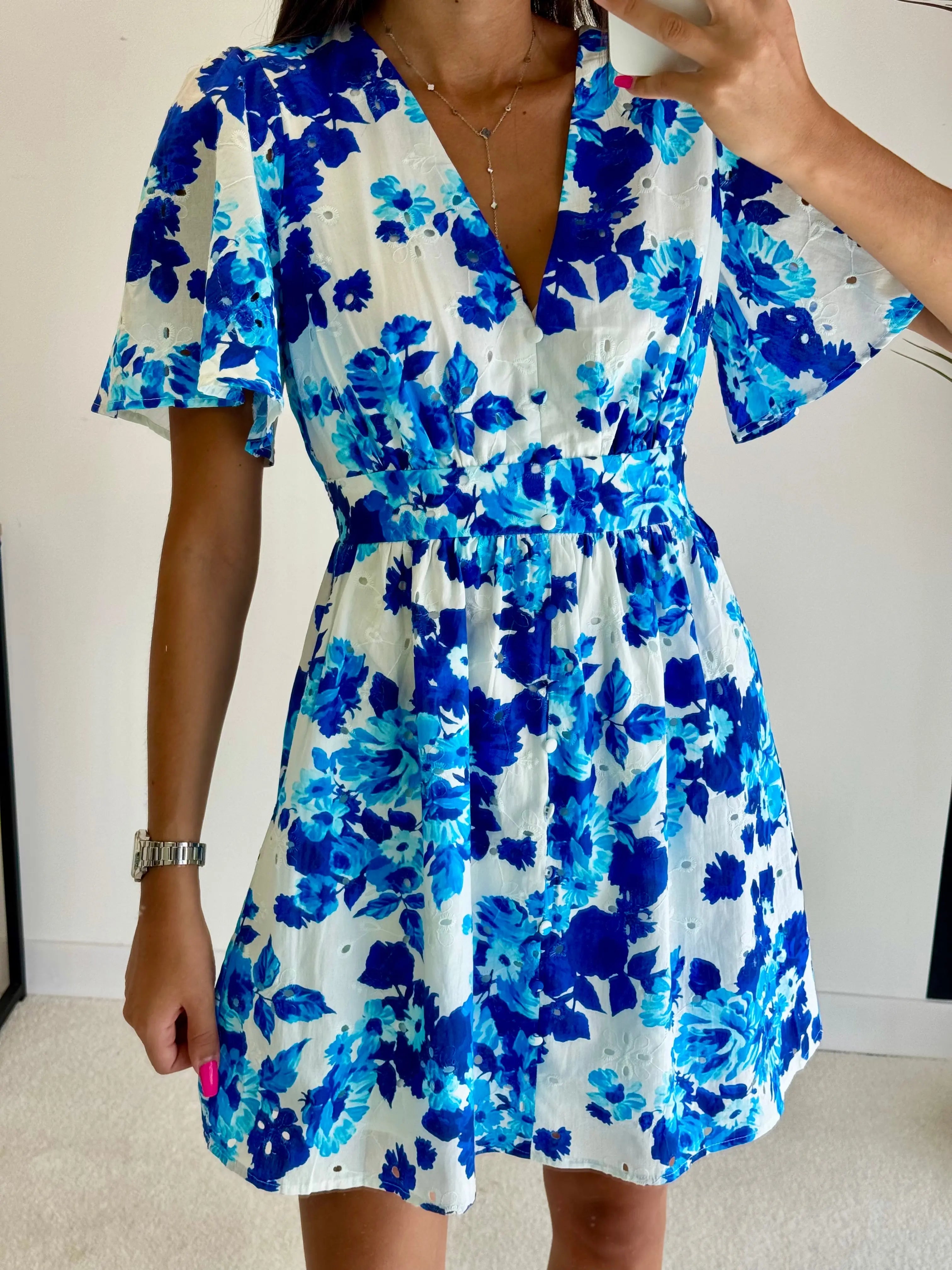 Robe courte brodé bleu